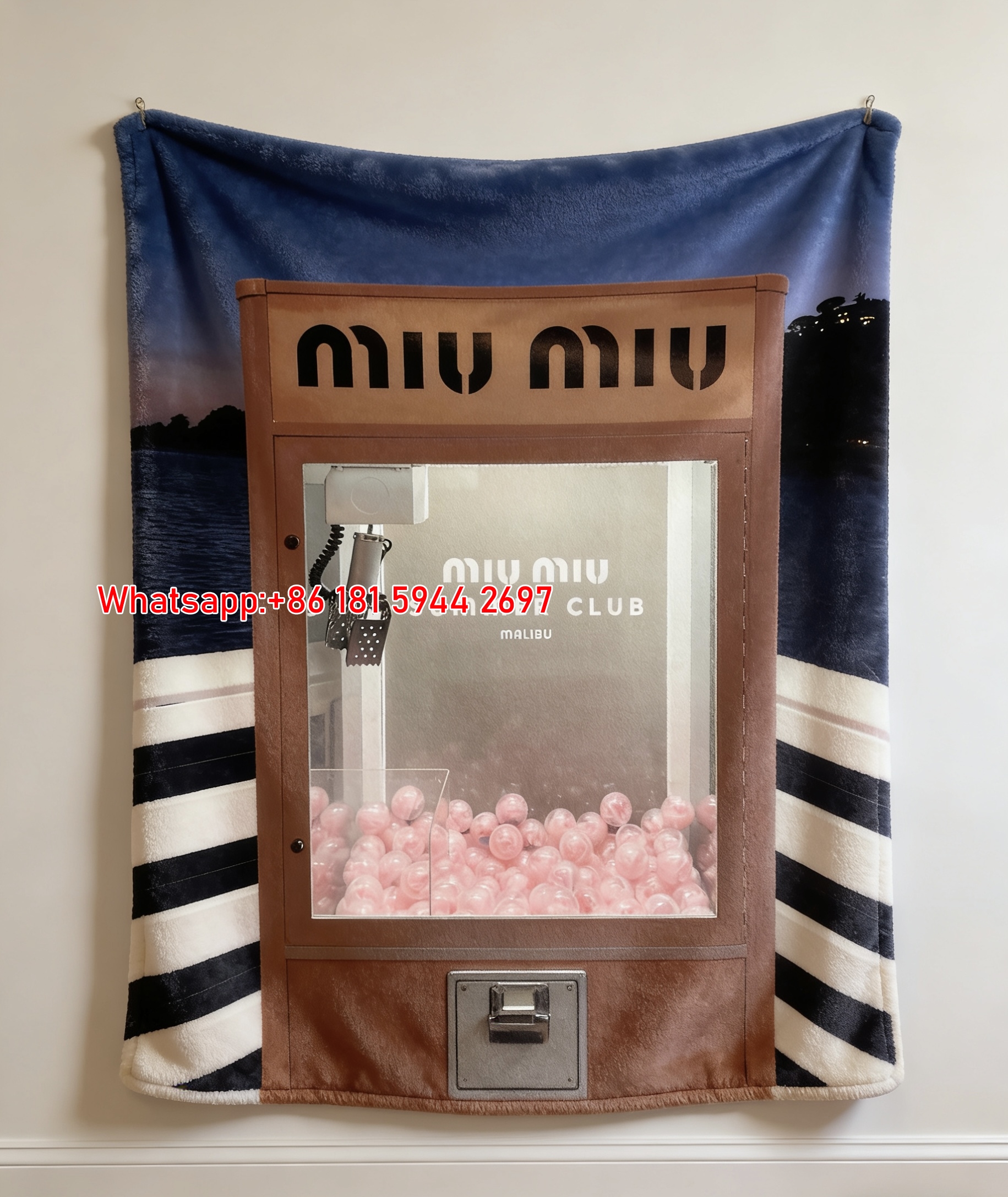 Miu Miu Summer Club Print Flannel Throw Blanket Deep Navy Twilight Sky Background with Warm Terracotta Machine and Soft Pink Balls IMG_0429